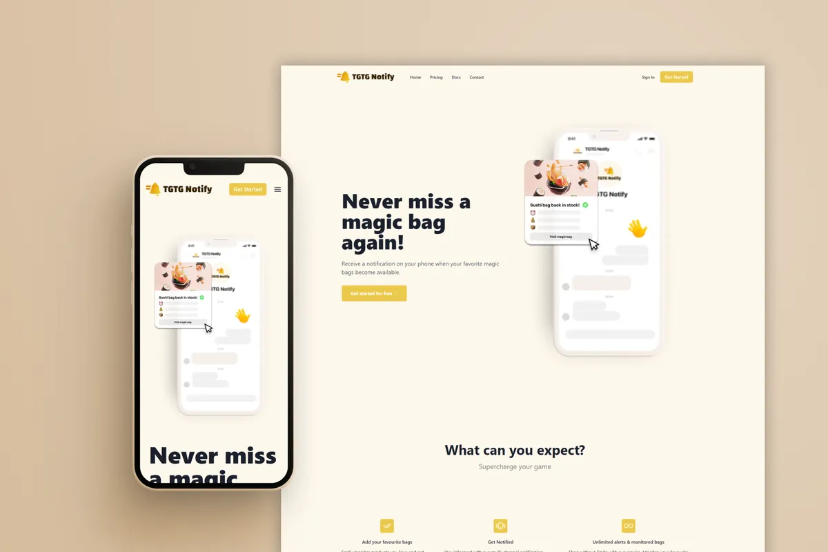 TGTG Notify website screenshot on mobile and desktop
